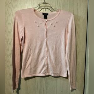 Vintage Light Pink Rose and Bead Trim Cardigan size Large 100% Cotton 90s Y2K